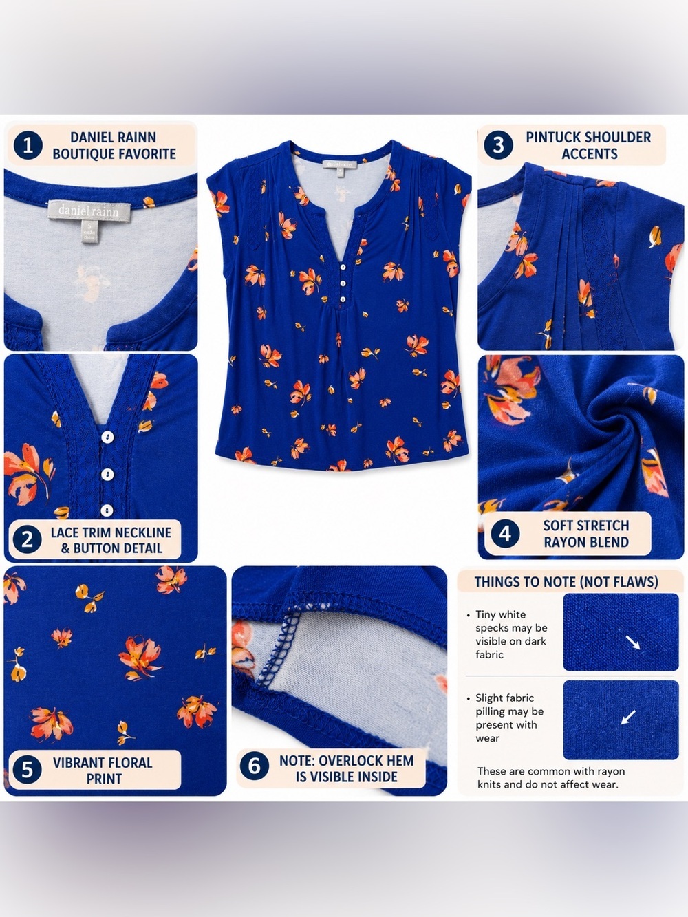 Daniel Rainn Floral Blouse Blue Lace Trim Stretch Knit Top Small - Picture 4 of 11
